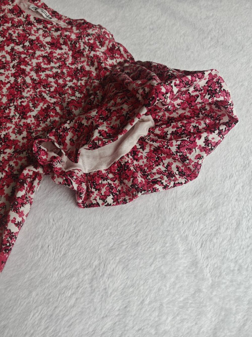ZARA Floral Puff Sleeve Top Red Pink Fitted Blouse Size M Romantic Cottagecore S - Picture 8 of 11